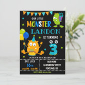 Kleine monsterverjaardagsuitnodiging voor jongen kaart (Staand voorkant)