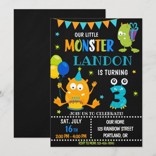 Kleine monsterverjaardagsuitnodiging voor jongen kaart (Voorkant / Achterkant)