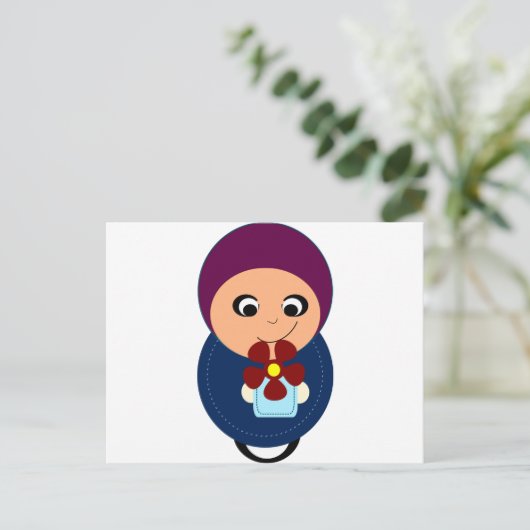 Kleine moslimmeisje paarse hijab hijabi-cartoon briefkaart (Staand voorkant)