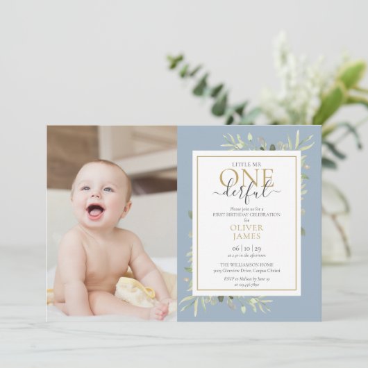 Kleine Mr ONEderful Photo Blue Boy First Birthday Kaart (Staand voorkant)