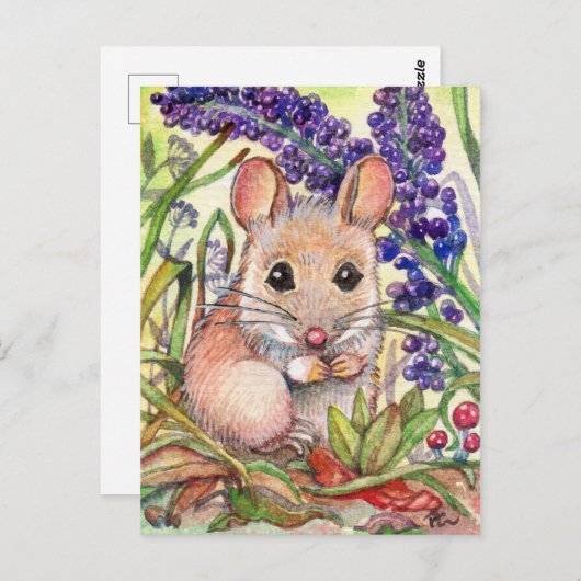 Kleine muis en paarse bloemen briefkaart (Voorkant / Achterkant)