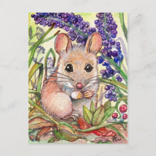 Kleine muis en paarse bloemen briefkaart