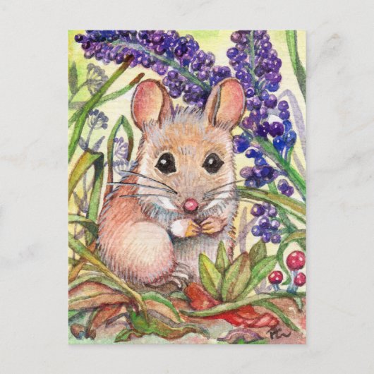 Kleine muis en paarse bloemen briefkaart (Voorkant)