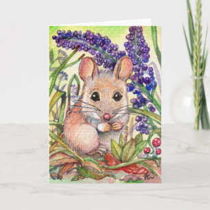 Kleine muis en paarse bloemen kaart