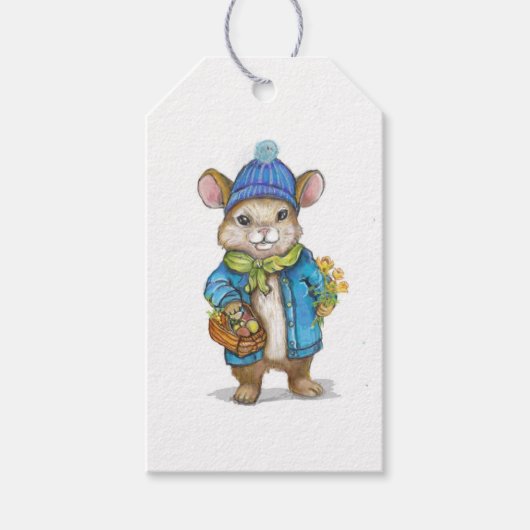 Kleine muis met een mand met goodies cadeaulabel (Voorkant)