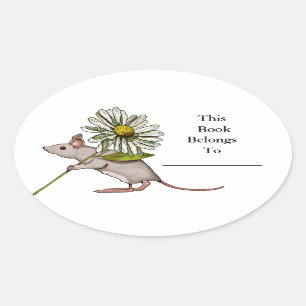Kleine Muis Met Grote Daisy Flower: Boek Bord Ovale Sticker
