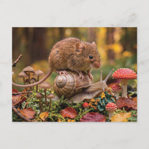 Kleine muis rijdt op huisjesslak in herfstbos briefkaart