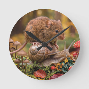 Kleine muis rijdt op slak in herfstbos ronde klok