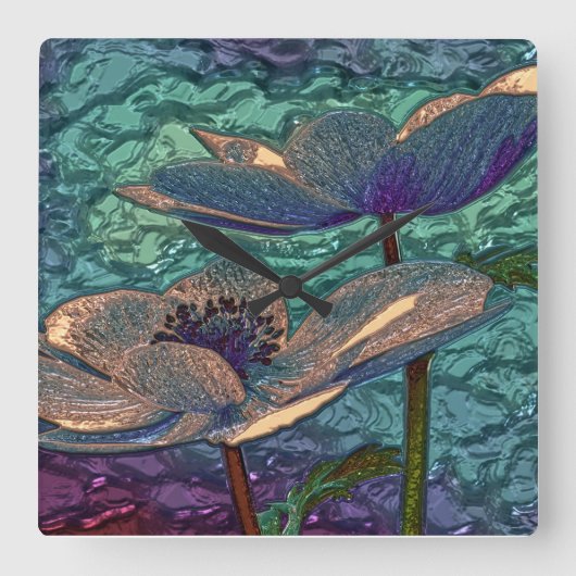 Kleine muurklok van metallisblauw bloemglas vierkante klok (Voorkant)