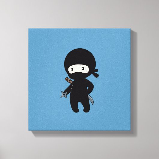 Kleine Ninja Holding Gooien Ster Op Blauw Canvas Afdruk (Voorkant)
