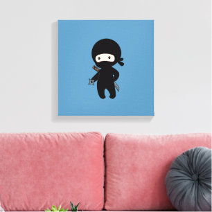 Kleine Ninja Holding Gooien Ster Op Blauw Canvas Afdruk