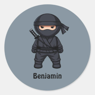 Kleine Ninja Krijger op Grijs Ronde Sticker