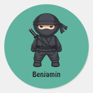Kleine Ninja Krijger op groene aangepaste tekst Ronde Sticker