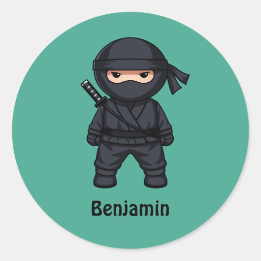 Kleine Ninja Krijger op groene aangepaste tekst Ronde Sticker (Voorkant)