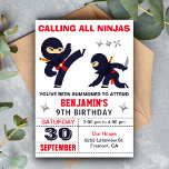 Kleine Ninja Warrior Kids Verjaardagsfeestje Kaart<br><div class="desc">Verras je gasten met deze moderne ninja thema verjaardagsfeestuitnodiging met schattige kleine ninja's met opvallende typografie tegen een witte achtergrond. Voeg eenvoudig uw evenementgegevens toe aan deze gebruiksvriendelijke sjabloon om er een unieke uitnodiging van te maken. Draai de kaart om om een elegant sterrenbeeld op de achterkant van de kaart...</div>