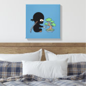 Kleine Ninja Watering Bonsai Tree op Blauw Canvas Afdruk (Insitu (Slaapkamer))