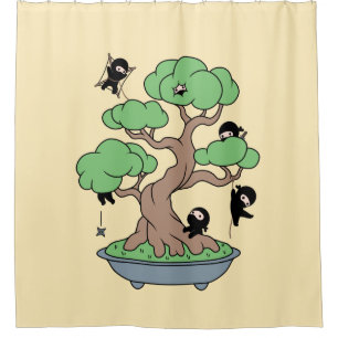 Kleine Ninjas in Bonsai-boom op Geel Douchegordijn