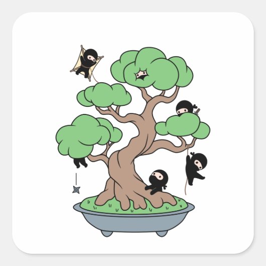 Kleine Ninjas in Bonsai-boom Vierkante Sticker (Voorkant)