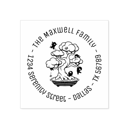 Kleine Ninjas in Bonsai Tree Family Address Round  Rubberstempel (Afrduk)