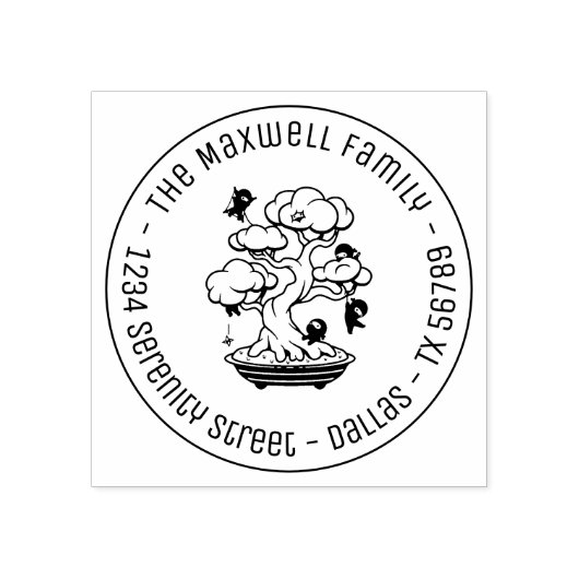 Kleine Ninjas in Bonsai Tree Family Address Round Rubberstempel (Afrduk)