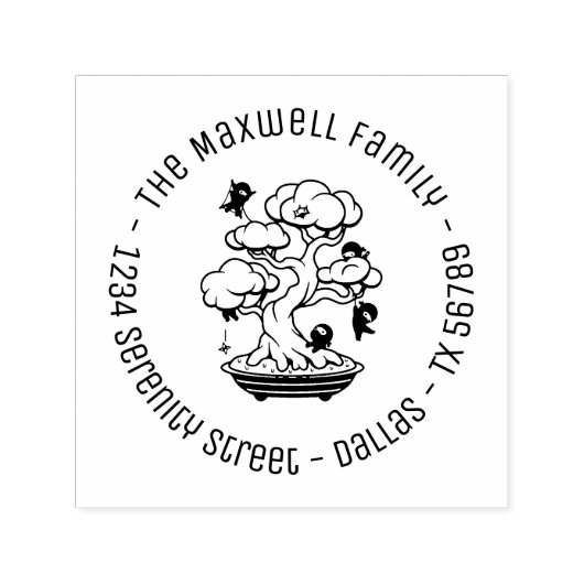 Kleine Ninjas in Bonsai Tree Family Address Round  Zelfinktende Stempel (Design)