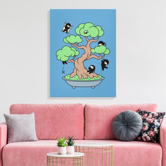 Kleine Ninjas in Bonsai Tree op Blauw Canvas Afdruk (Insitu (Woonkamer))