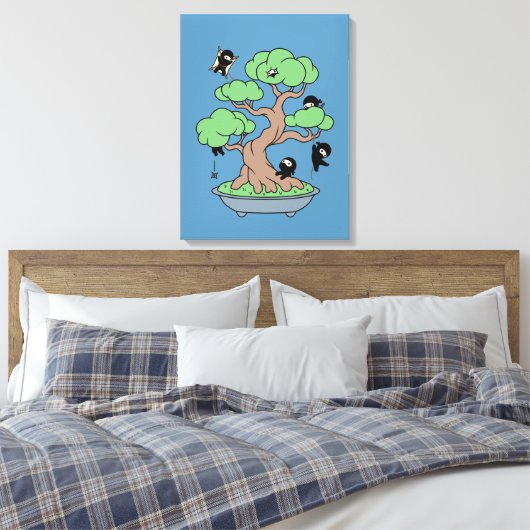 Kleine Ninjas in Bonsai Tree op Blauw Canvas Afdruk (Insitu (Slaapkamer))