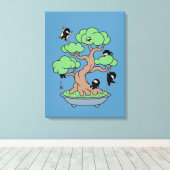 Kleine Ninjas in Bonsai Tree op Blauw Canvas Afdruk (Insitu (Houten vloer))