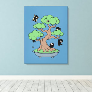 Kleine Ninjas in Bonsai Tree op Blauw Canvas Afdruk