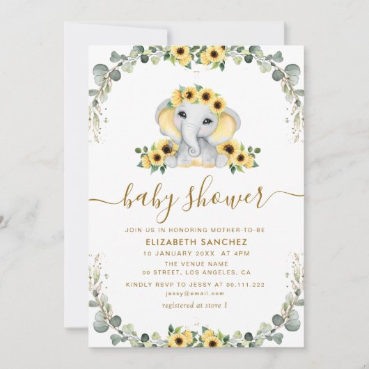 kleine olifant eucalyptus zonnebloem baby shower kaart (Voorkant)