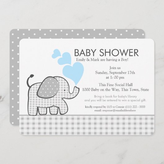 Kleine olifant Gingham en blauw Baby shower Kaart (Voorkant / Achterkant)