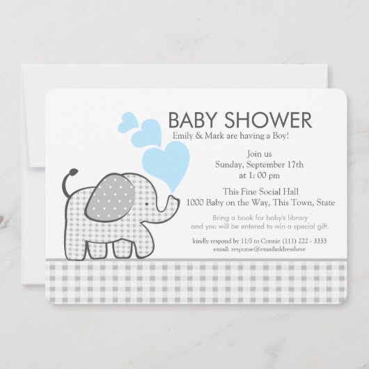 Kleine olifant Gingham en blauw Baby shower Kaart (Voorkant)