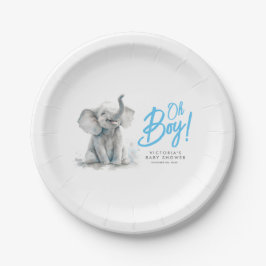 Kleine olifant Oh Boy Cute Blue Grey Baby shower Papieren Bordje