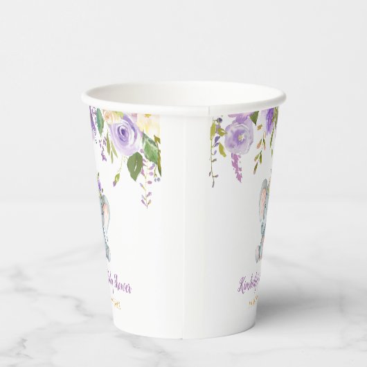 Kleine olifant paarse florale baby shower papieren bekers (Rechts)