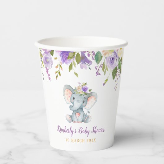 Kleine olifant paarse florale baby shower papieren bekers (Voorkant)