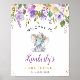Kleine olifant paarse florale baby shower welkom poster