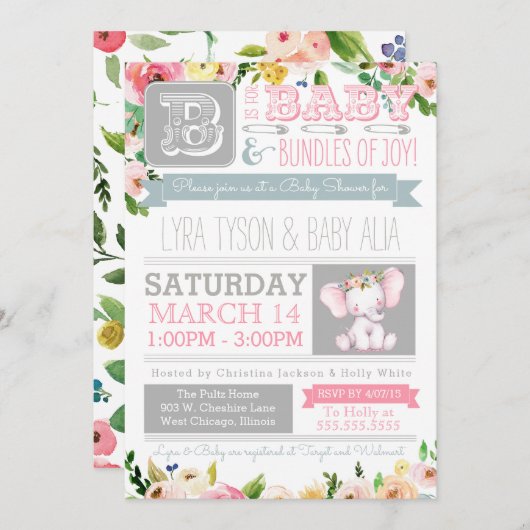 Kleine Olifant Waterverf Bloemen Baby shower Kaart (Voorkant / Achterkant)