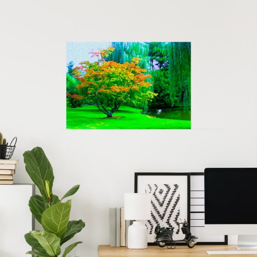 Kleine Oranje bloesem en groene gras Poster (Thuiskantoor)