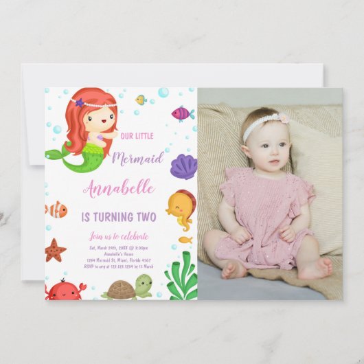 Kleine Oranje Haar Zeemeermin Uitnodigingen met Fo (Voorkant)