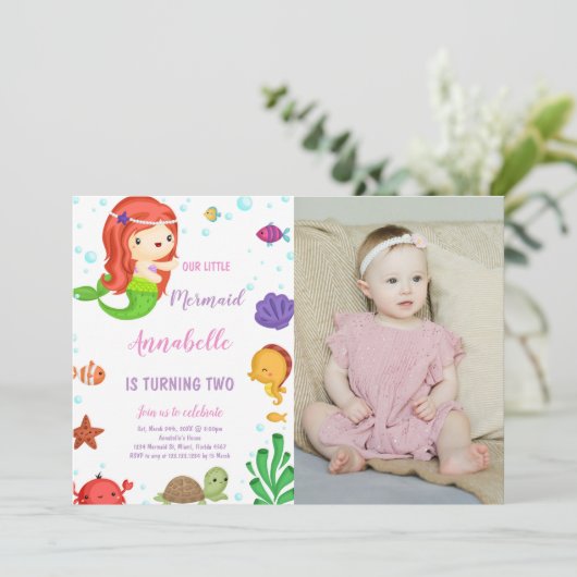 Kleine Oranje Haar Zeemeermin Uitnodigingen met Fo (Staand voorkant)