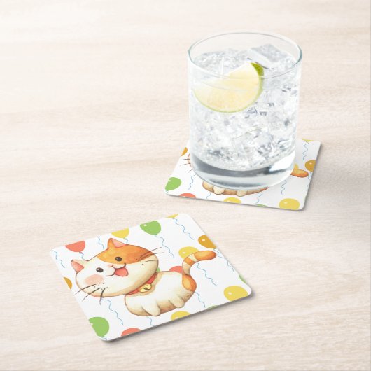 Kleine Oranje kat Kitten kleurrijke ballonnen Kartonnen Onderzetters (Insitu)