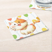 Kleine Oranje kat Kitten kleurrijke ballonnen Kartonnen Onderzetters (Schuin)