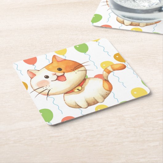 Kleine Oranje kat Kitten kleurrijke ballonnen Kartonnen Onderzetters (Schuin)