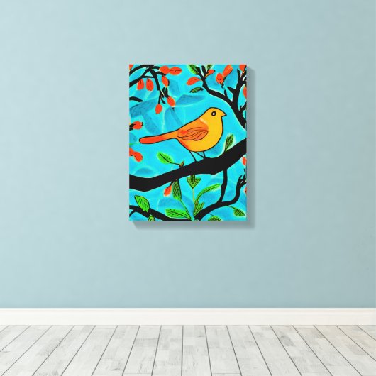 Kleine Oranje vogel op een bloeiende tak Canvas Afdruk (Insitu (Houten vloer))