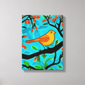 Kleine Oranje vogel op een bloeiende tak Canvas Afdruk (Voorkant)