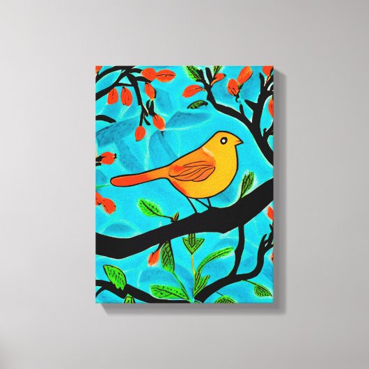Kleine Oranje vogel op een bloeiende tak Canvas Afdruk (Voorkant)