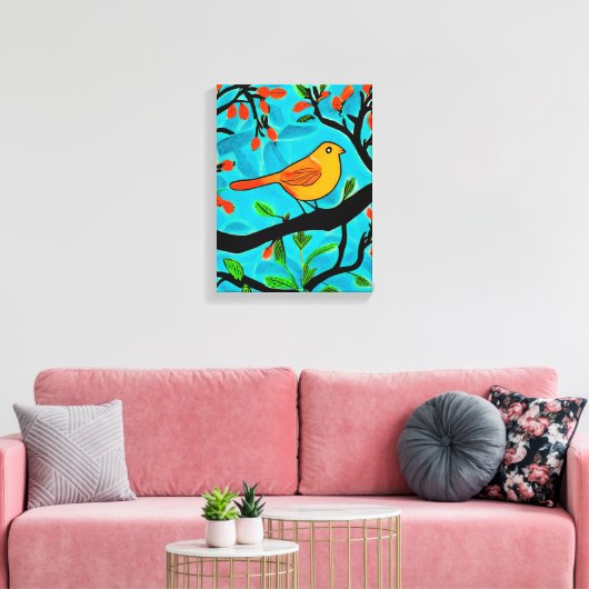 Kleine Oranje vogel op een bloeiende tak Canvas Afdruk (Insitu (Woonkamer))