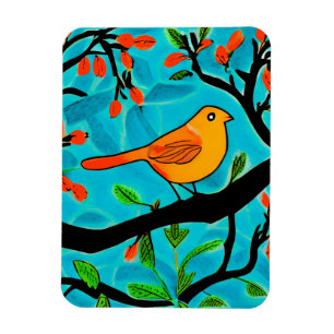 Kleine Oranje vogel op een bloeiende tak Magneet