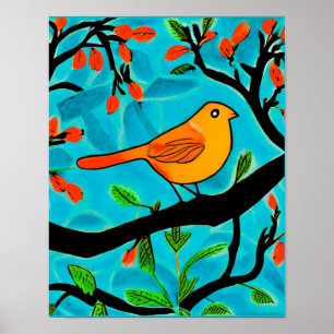 Kleine Oranje vogel op een bloeiende tak Poster
