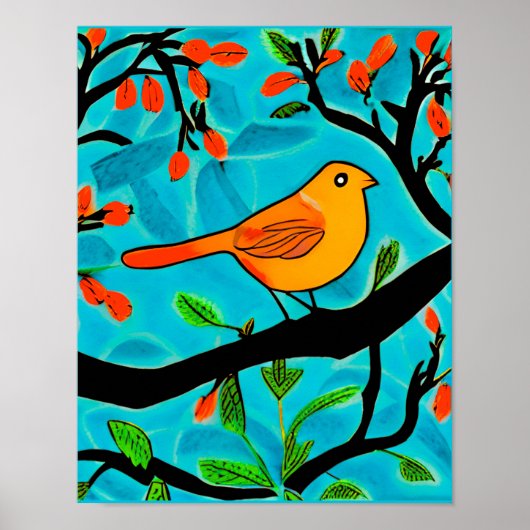 Kleine Oranje vogel op een bloeiende tak Poster (Voorkant)
